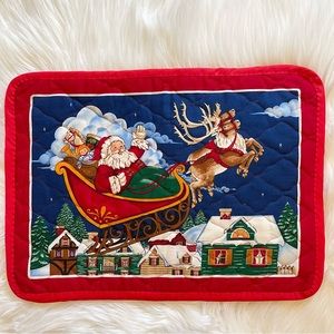 Set Of 5 VTG Christmas Quilted Placemats w/ Santa & His Reindeer
